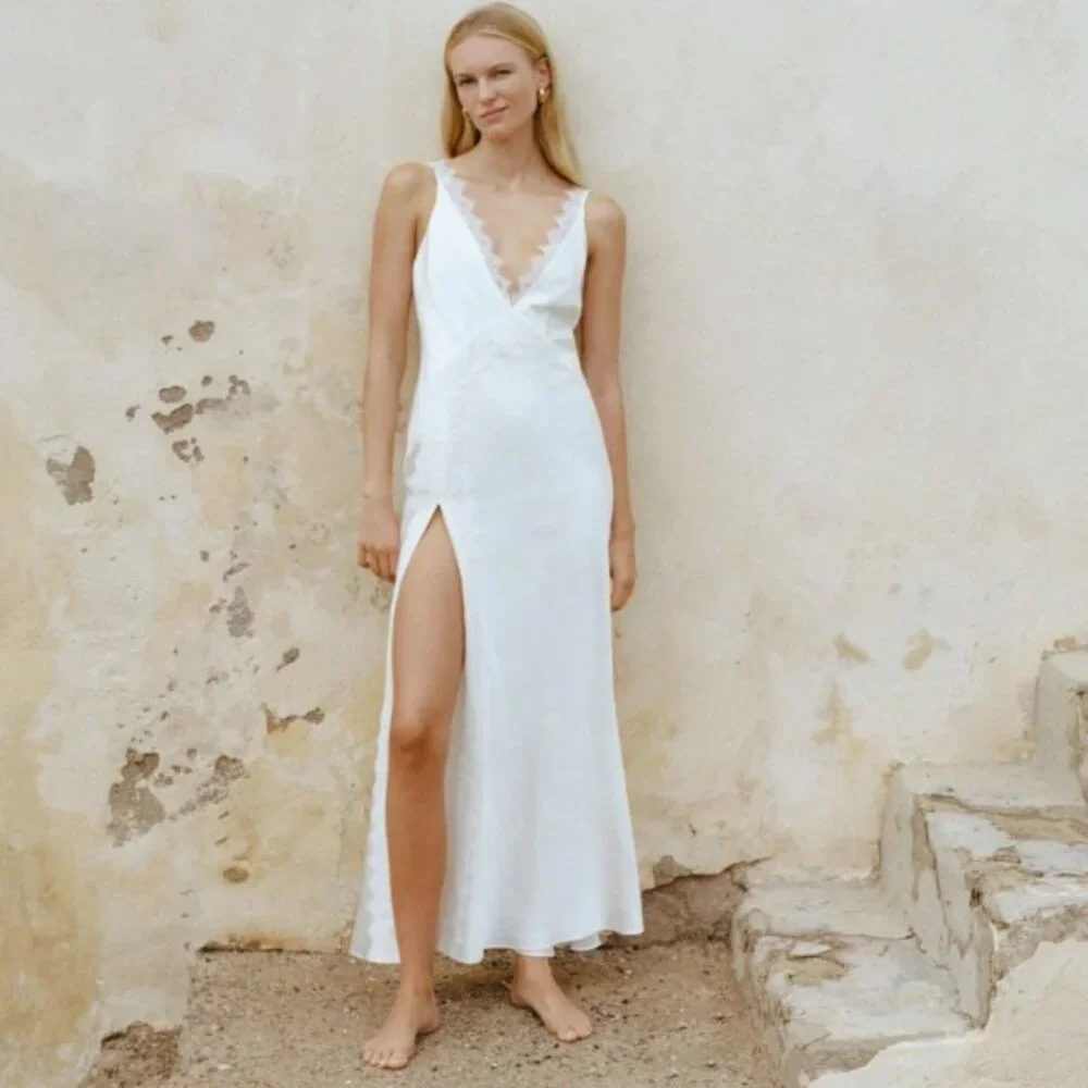 La Lune Cumulus silk lace strap split maxi dress - ivory - Picture 2 of 4